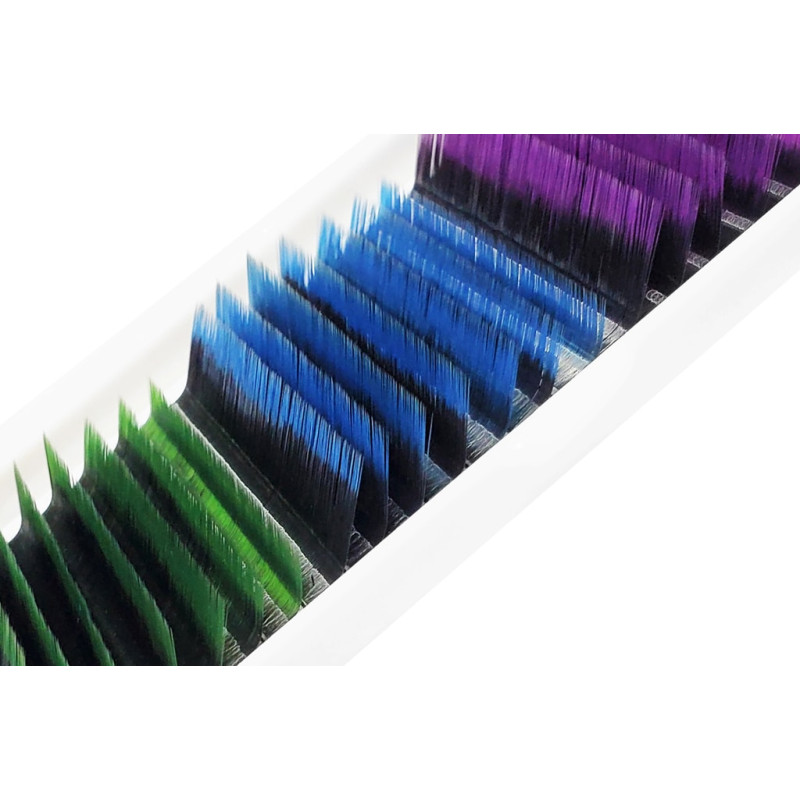 Wimpernverlängerung Farbige Ombre MIX (Lila/Blau/Grün) PLATINUM Biegung C 0.07 8–13mm