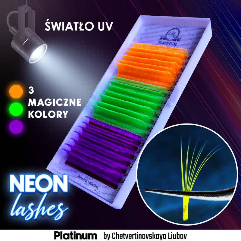 Rzęsy do Przedłużania Kolorowe NEON MIX (Pomarańczowy/Zielony/Fioletowy) PLATINUM Skręt CC 0.07 8–13mm